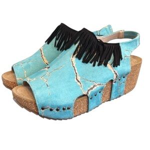 Crazy Train Turquoise stone fringe wedge platform faux suede sandals 9